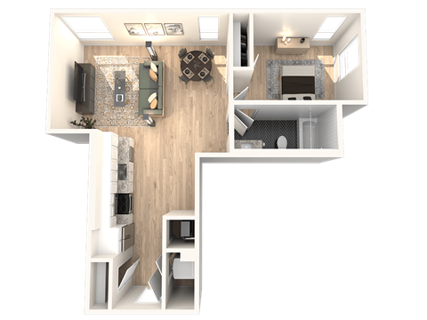 A 3D rendered image of a house layout.